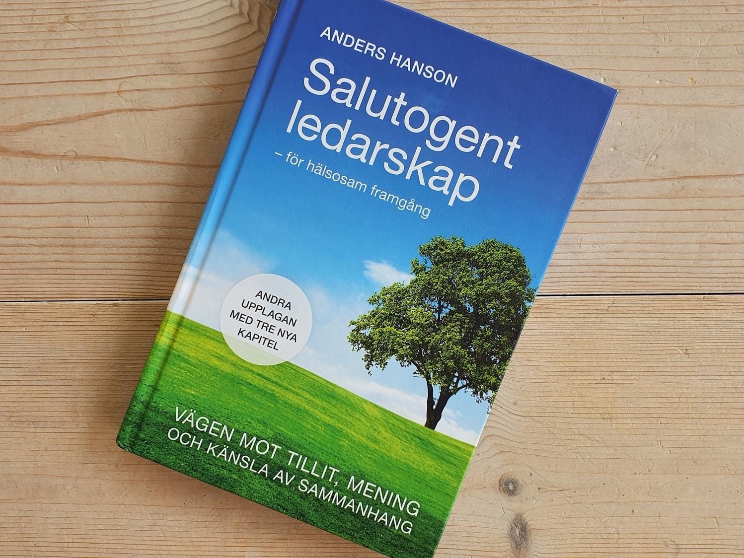 Bild av boken Salutogent ledarskap - för hälsosam framgång av Anders Hanson. På boken en bild av ett fält med grönt gräs och ett stort träd. Bakom och ovanför trädet en blå himmel.
